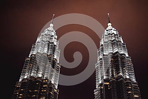 Closeup detail of the Petronas twin tower top in Kuala Lumpur Malaysia during night
