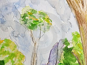 Closeup Detail of Single Tree and Clouds in Watercolor and Colored Pencil Painting of Forest