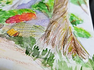 Closeup Detail of Tree and Grass in Watercolor and Colored Pencil Painting of Forest