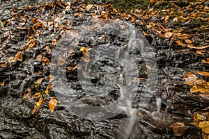 Closeup detail of water flowing gently over rocks in the forest in Autumn