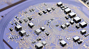 Closeup of a detailed computer circuit board with intricate patterns and components