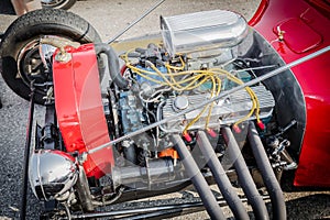 closeup detailed view of old classic retro vintage hot rod car engine