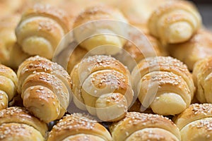 Closeup details of fresh baked Croissants.