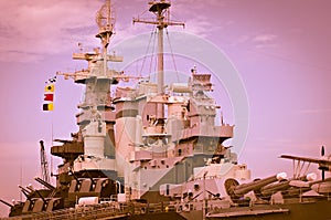 Closeup details of war ready artillery battleship