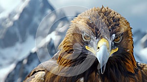 Closeup of the determined expression on a golden eagles face as it rises above the snowcovered peaks a symbol of