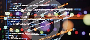 Closeup developing programming and coding technologies. Developer working on web sites codes in office.