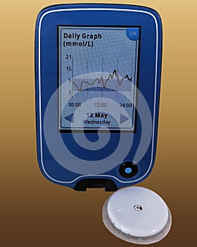 Closeup device for continuous glucose monitoring â€“ CGM and white sensor. Isolated on yellow - brown background. Daily graph