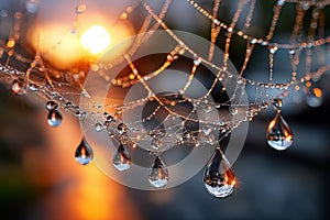 Dewdrops on Spiderweb at Golden Hour Sunrise