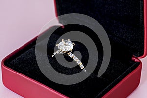 Closeup of diamond ring in box