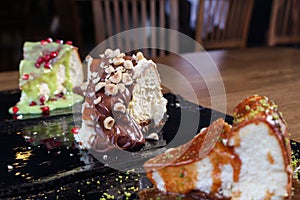 Closeup of different slices of cakes