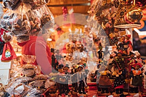 Closeup of different toys and presents in the Christmas market in Frankfurt, Germany