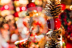 Closeup of different toys and presents in the Christmas market in Frankfurt, Germany