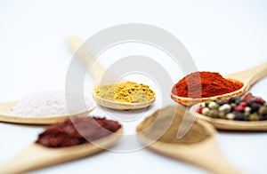 Closeup of the different types of spices with wooden spoons isolated on white background.