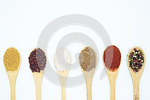 Closeup of the different types of spices with wooden spoons isolated on white background.