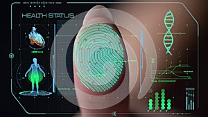 Closeup digital fingerprint health scanner analyzing biometrical information