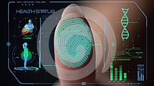 Closeup digital fingerprint health scanner analyzing biometrical information photo