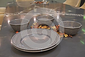 Closeup of dining crockery on marble table top