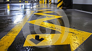 A closeup of the directional arrows and symbols on the ground guiding fans towards emergency exits in case of evacuation