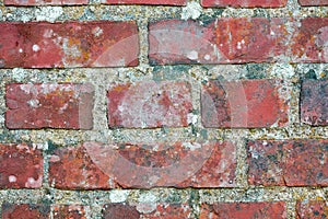 Closeup of a dirty red brick wall with copy space. Old deteriorating exterior surface of a house. Detail and rough