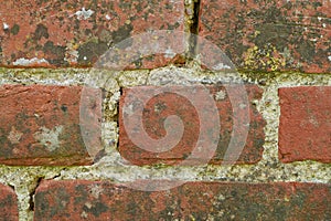 Closeup of a dirty red brick wall with copy space. Weathered exterior surface of a house. Rough surface texture of