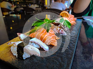 closeup on a dish of sushi