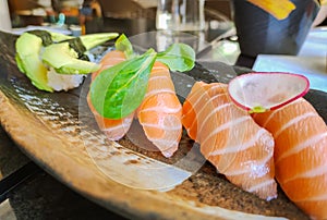 closeup on a dish of sushi