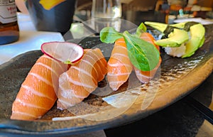 closeup on a dish of sushi