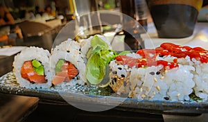 closeup on a dish of sushi