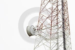 closeup dish on telecommunication tower with isolate white background