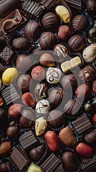 Closeup of diverse chocolates, a tempting cocoa medley