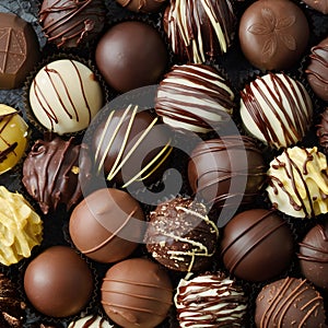 Closeup of diverse chocolates, a tempting cocoa medley