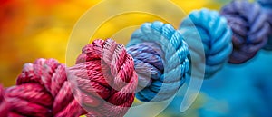 Closeup of diverse team ropes symbolizing strength unity and teamwork against a blurred colorful