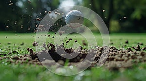 A closeup of a divot being lifted from the ground by a powerful swing photo