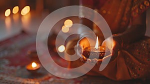 closeup of a diya in an indian woman\'s hand against a diwali background