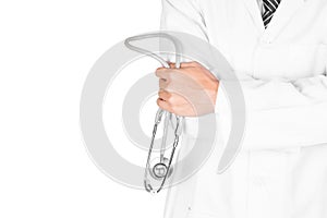 Closeup doctor holding stethoscope and hands crossed in ront of