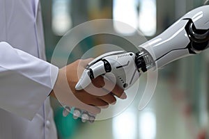 Closeup of a doctor\'s hand clasping a robot\'s hand. Generative AI