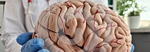 Closeup of doctorn hand holding model of the human brain