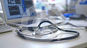 A closeup of a doctors stethoscope with a computer screen in the background displaying AIgenerated data on disease photo