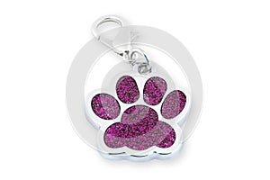Closeup dog collar metal tag shaped in form footprint. Footprint clip collar accessory, leash charm