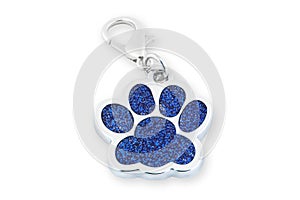 Closeup dog collar metal tag shaped in form footprint isolated on white background.