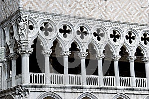 Closeup of Doge's Palace white tracery facade in Venice, Italy