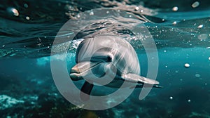 Closeup of a dolphin struggling to navigate through a chaotic noisy underwater environment causing it to become