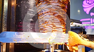 Closeup of donner kebab cutting