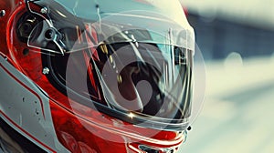 A closeup of a drag racers helmet as they lower their visor their eyes focused and determined