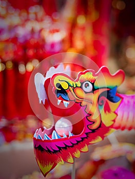 Closeup of dragon decoration for Chinese New Year celebrations in Chinatown,London.Selective focus.