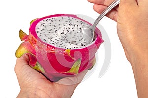 Closeup Of A Dragon Fruit Being Scooped