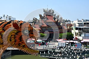 Closeup of the dragon tiger on a temple at Lotus Pond in Kaohsiung, Taiwan