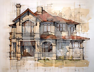 A Closeup Drawing of a House With Lots of Windows in Earth Tones