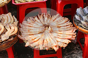 Closeup of dried fish display like flowers for sale in Chau Doc Market, An Giang Province