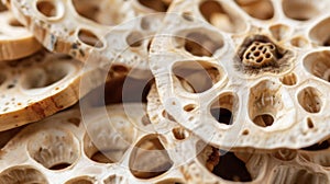 A closeup of a dried lotus root often used in Chinese herbal remedies for its ability to cool the body and eliminate